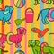 Hand drawn seamless pattern with dachshund dogs pets on summer ocean sea beach. Cute animals with swim ring toys on sand