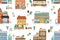 Hand drawn seamless pattern with different cafe, shops and stores. Repeatable background with cute city buildings