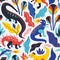 Hand drawn seamless pattern with dinosaurs and abstract leaves and flowers. Perfect for kids fabric, textile, nursery wallpaper.