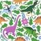 Hand drawn seamless pattern with dinosaurs and tropical leaves and flowers. Cute dino design.