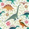 Hand drawn seamless pattern with dinosaurs and tropical leaves and flowers. Cute dino design.