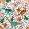 Hand drawn seamless pattern with dinosaurs and tropical leaves and flowers. Cute dino design.