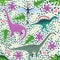 Hand drawn seamless pattern with dinosaurs and tropical leaves and flowers. Cute dino design.