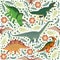 Hand drawn seamless pattern with dinosaurs and tropical leaves and flowers. Cute dino design.