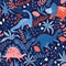 Hand drawn seamless pattern with dinosaurs and tropical leaves and flowers. Perfect for kids fabric, textile, nursery wallpaper.