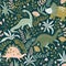 Hand drawn seamless pattern with dinosaurs and tropical leaves and flowers. Vector illustration.