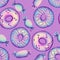 Hand drawn seamless pattern with donut pastry bakery baking food. Pastel blue pink purple sweet tasty candy dreamy