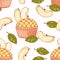 Hand drawn seamless pattern with doodle apple pie cupcake and buttercream. Food background