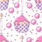 Hand drawn seamless pattern with doodle cupcake, birthday candle and buttercream. Food background