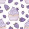 Hand drawn seamless pattern with doodle cupcake and blackberry cream. Food background