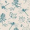 Hand-drawn seamless pattern with dragonfly, beetle and plants.