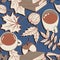Hand drawn seamless pattern with fall autumn leaves, cup of tea coffee, stack of books. Brown beige elements on blue