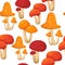 Hand drawn seamless pattern with fall autumn mushrooms fungi, wild nature background. Thanksgiving forest wood woodland