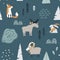 Hand drawn seamless pattern with fox, goat, elk and rabbit in forest. Scandinavian christmas design.