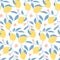 Hand drawn seamless pattern with fresh lemons, leaves and flowers.