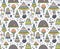 Hand drawn seamless pattern with geometric ornamental mushroom and toadstools. Vector illustration.