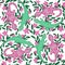 Hand drawn seamless pattern with green and pink rose gecko lizard, colorful bright amphibian animal in folk ethnic style