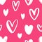 Hand drawn seamless pattern with hearts on bright pink background. Festive backdrop with love, passion and romance