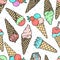 Hand drawn seamless pattern of ice cream horn, waffle cone, powder, chocolate, strawberry on a white background. Colorful sweet