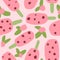 Hand drawn seamless pattern with ice cream popsicle sweet food. Pink rose flowers floral art, summer colorful print with