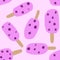 Hand drawn seamless pattern with ice cream popsicle sweet food. Purple violet berries, Summer colorful print with frozen