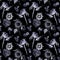 Hand drawn seamless pattern of light blue graphic ink sunflowers on a black background.