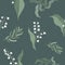 Hand drawn seamless pattern with lily of the valley flowers. Retro style textured florar background. Dark green elegant
