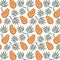 Hand drawn seamless pattern with papayas and palm leaves. Bring vector illustration. Vector repeat background for colorful summer