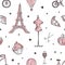 Hand drawn seamless pattern with Paris and France symbols - french perfume, bicycle, croissant, Eiffel Tower, mannequin