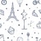 Hand drawn seamless pattern with Paris and France symbols - french perfume, bicycle, croissant, Eiffel Tower, mannequin