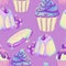 Hand drawn seamless pattern with pastel holographic dreamy dessert sweet food. Pink blue purple cake cupcake macaroon