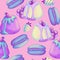 Hand drawn seamless pattern with pastel holographic dreamy dessert sweet food. Pink blue purple cake cupcake macaroon