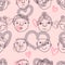 Hand drawn seamless pattern with peoples faces and hearts. Perfect for T-shirt, textile and print. Doodle vector illustration