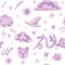 Hand drawn seamless pattern with pink and violet dragons and magical objects on white background. Pastel crayon magic