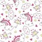 Hand drawn seamless pattern with rainbow, clouds, umbrella and hearts.