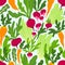 Hand drawn seamless pattern - salad greens and root vegetables isolated on white background in unique trendy organic style.