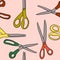 Hand drawn seamless pattern with scissors on beige background. Tailor cute sew hairdresser hairstyling design, barber