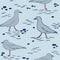 Hand drawn seamless pattern with seagulls gulls birds in grey and blue. Coastal she sea ocean marine design, water