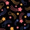 Hand drawn seamless pattern of shooting stars, comets and meteorites. Modern drawing of bright neon pink, yellow, blue stars on a