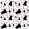 Hand drawn seamless pattern of silhouette cats with rats and pink hearts on white background.