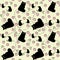 Hand drawn seamless pattern of silhouette cats with rats and pink hearts on yellow background.