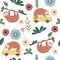 Hand drawn seamless pattern with sloth,flower and leaf