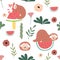 Hand drawn seamless pattern with sloth,watermelon,flower