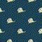 Hand drawn seamless pattern with snail silhouettes. Light yellow and green colored detailed animals on navy blue dotted background