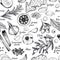 Hand drawn seamless pattern of spices, herbs and condiments. Engraved vector. Onion, bay leaf, olive oil, ginger, garlic