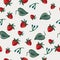 Hand drawn seamless pattern with strawberry, leaves, flower-buds. Vegetation, gardening and summer themes