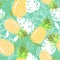 Hand drawn seamless pattern of sweet tropical fruit. Pineapples, palm leaves. Healthy eating, botany. Cute colorful doodle sketch