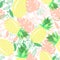 Hand drawn seamless pattern of sweet tropical fruit. Pineapples, palm leaves. Healthy eating, botany. Cute colorful doodle sketch