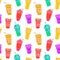 Hand drawn seamless pattern with to go cups and glasses various shapes bright colors. Bright summer funny repeatable