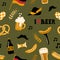 Hand drawn seamless pattern with traditional Beer fest attributes. Craft beer print.